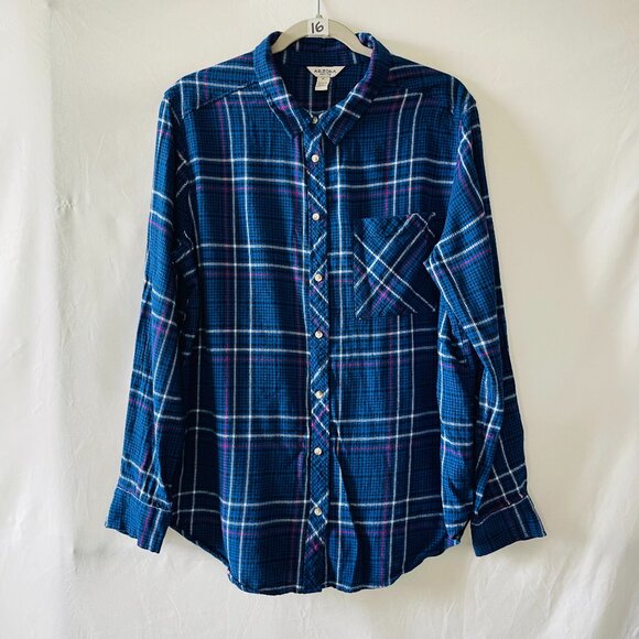 AriZona Jean Co. Womens Blue Houndstooth Checked Print Flannel Shirt Size XL - Picture 1 of 7